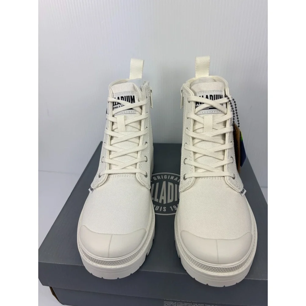 Palladium Pallabase Twill Womens 10 Star White Platform Combat Boots Side Zip